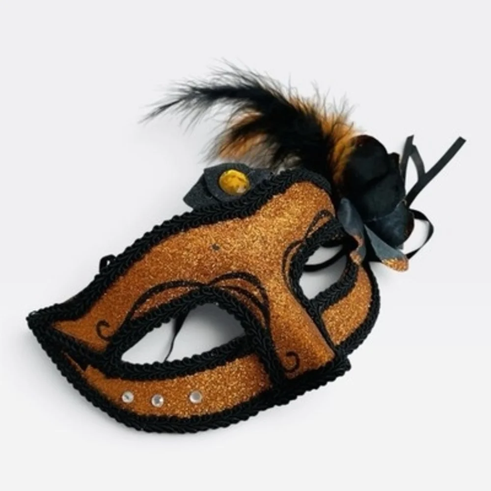Venetian Masquerade Mask Gold Glitter Feather Trim Halloween Costume Party VG